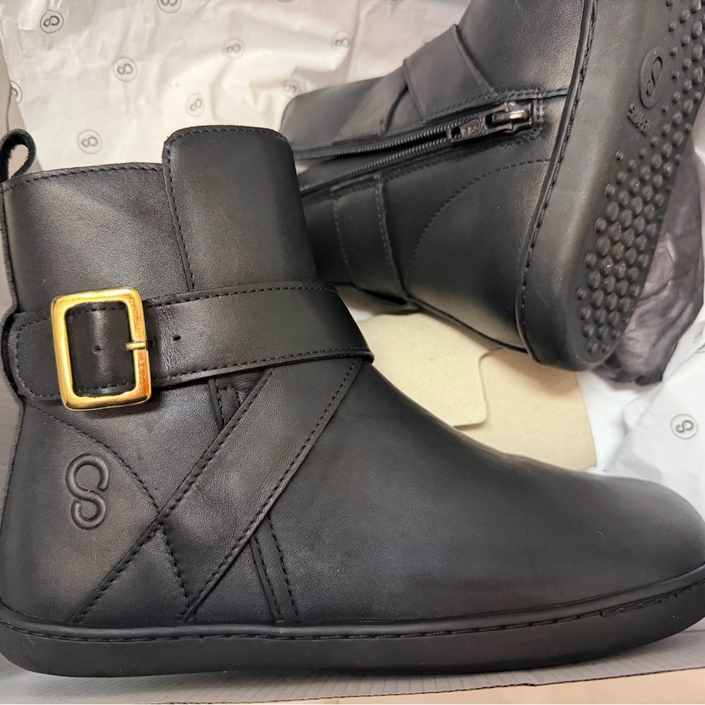 Shapen Barefoot Black Ankle Boots with Gold Buckle - wide and extra wide fit - Picture 2 of 10